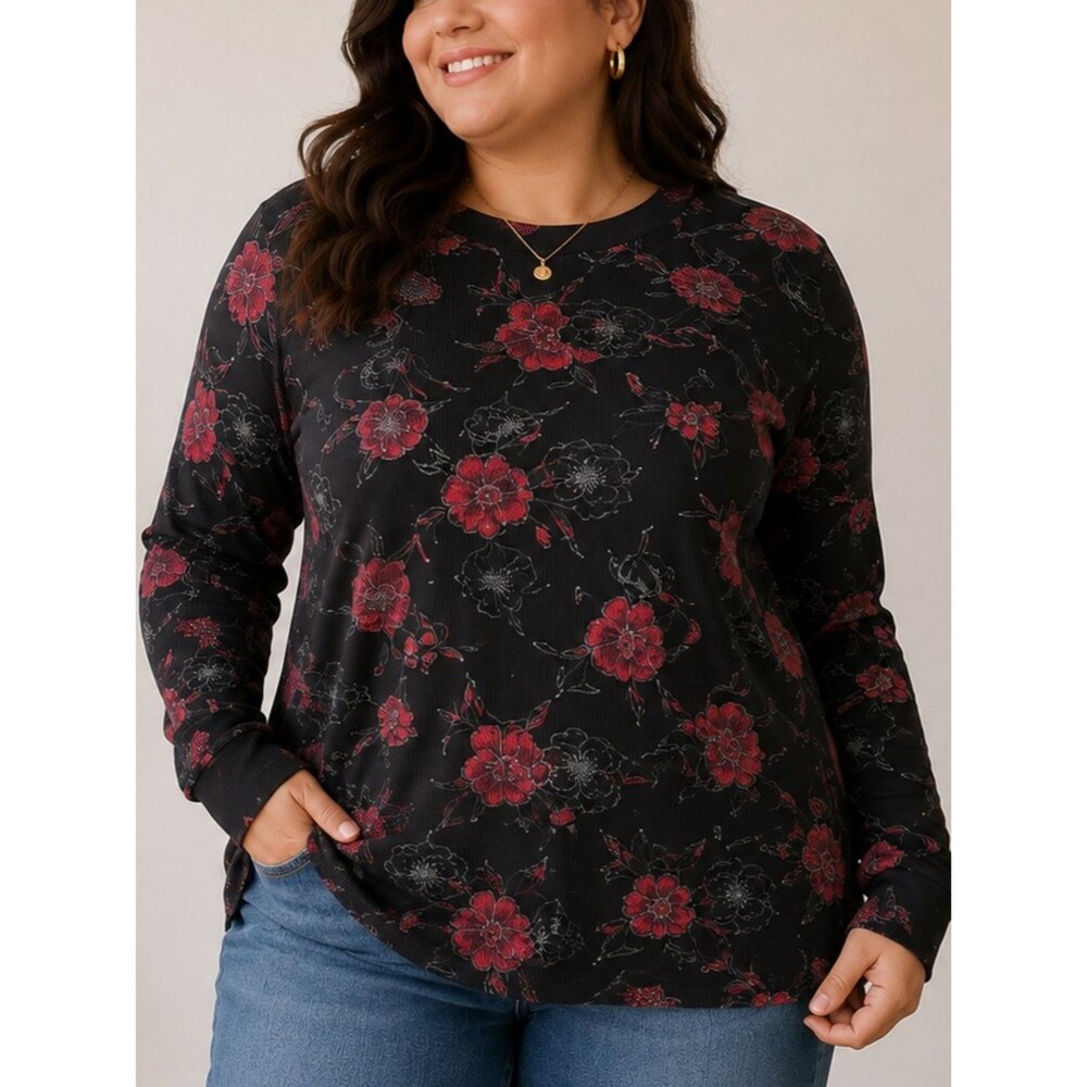 White Stag Mock Neck Black and Red Rose Long Sleeve Cotton Tee - Size 1X